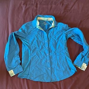 Blue Button-Up Shirt with Plaid Accents